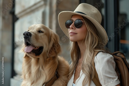 Fashionable woman in a sunhat and sunglasses enjoying time with her golden retriever, concept of stylish pet ownership and leisure