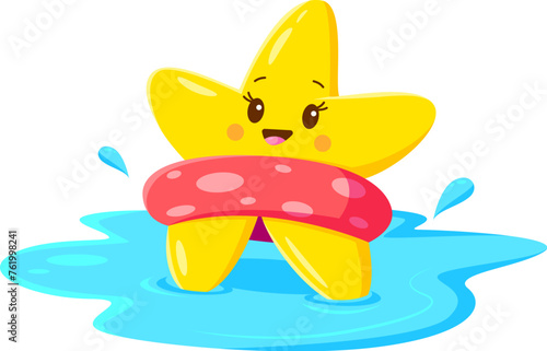 Cartoon kawaii star character with floating ring. Isolated vector cute cheerful and happy twinkle enjoying summer vacation in pool or beach. Joyful toon personage radiating cuteness and happiness