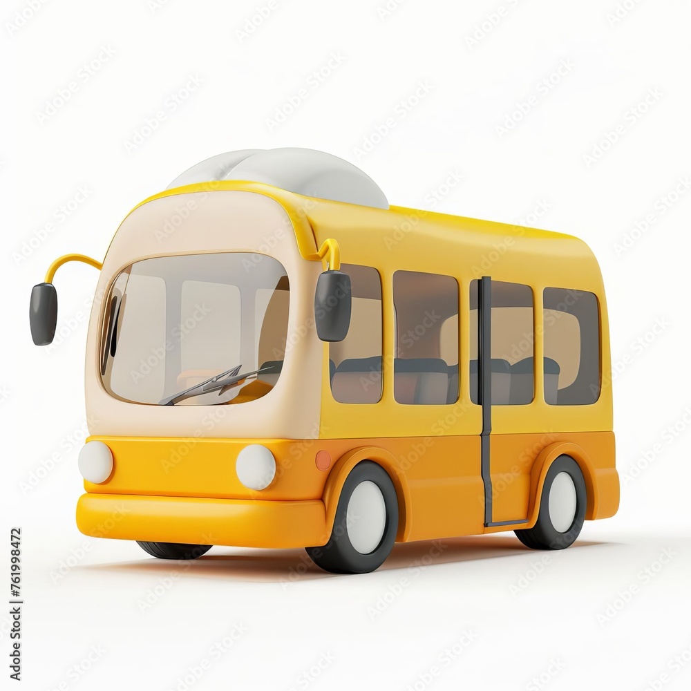 3D illustration of a cartoonish yellow school bus on a white background with space for text, ideal for educational concepts or back-to-school promotions