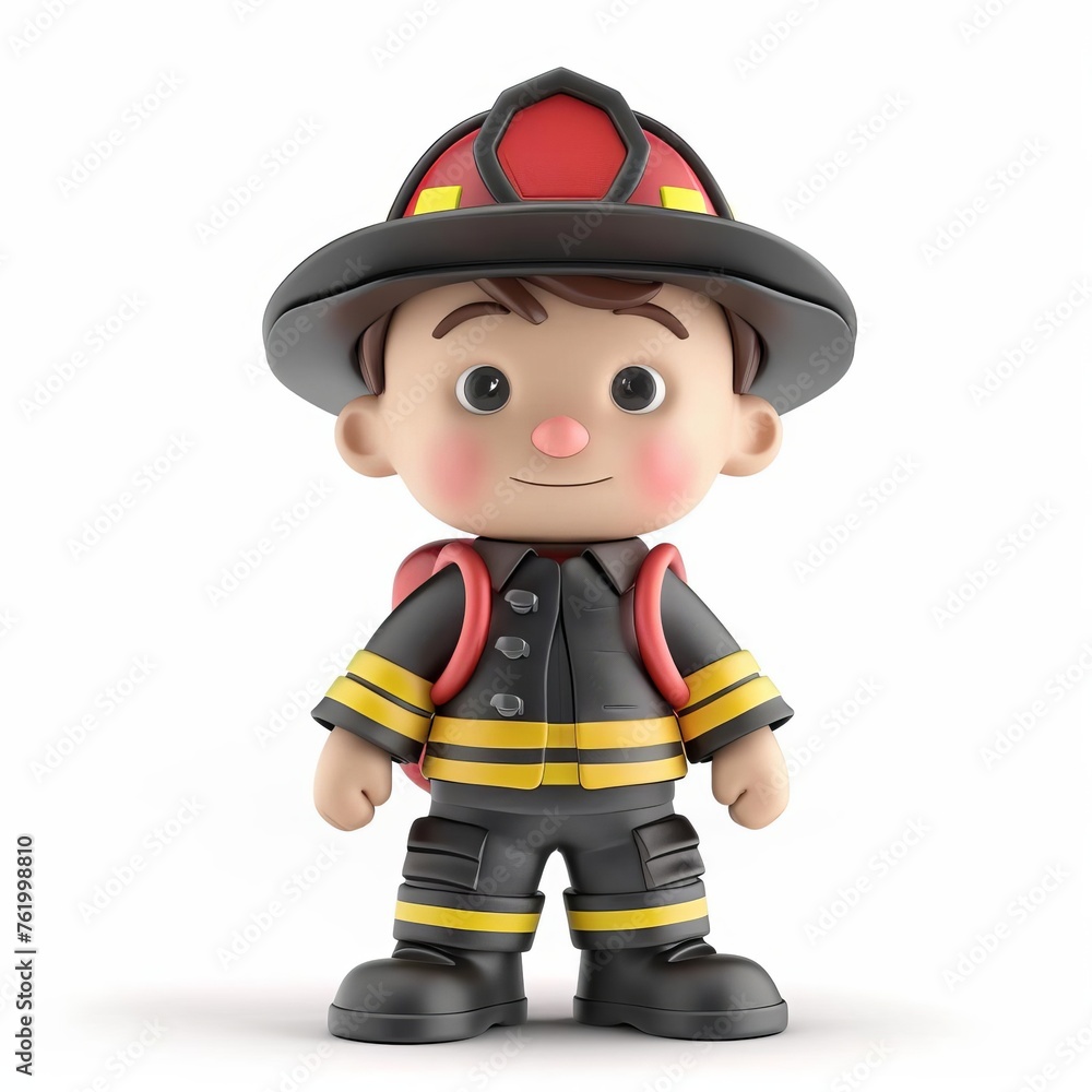 3D illustration of a cheerful fireman, wearing uniform, isolated on white with ample copy space