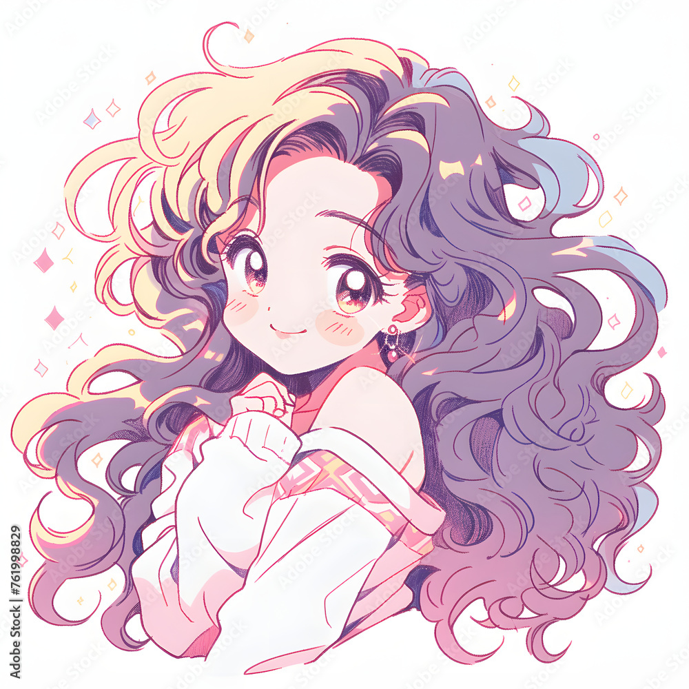 ロングのカールヘアの女性の漫画風イラスト ロングのカールヘアの女性の漫画風イラスト