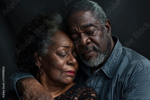 Elderly african american couple embracing, expressing a somber and tender moment.