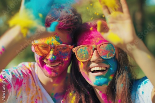 A Happy Couple Playing in the Colorful Paint - Throwing Colored Powder at Each Other. Fictional character created by Generated AI. 