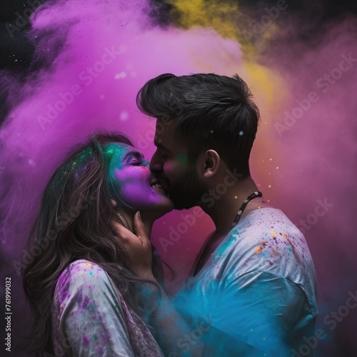 A passionate couple surrounded by colorful smoke, sharing an intimate kiss.. Fictional character created by Generated AI. 