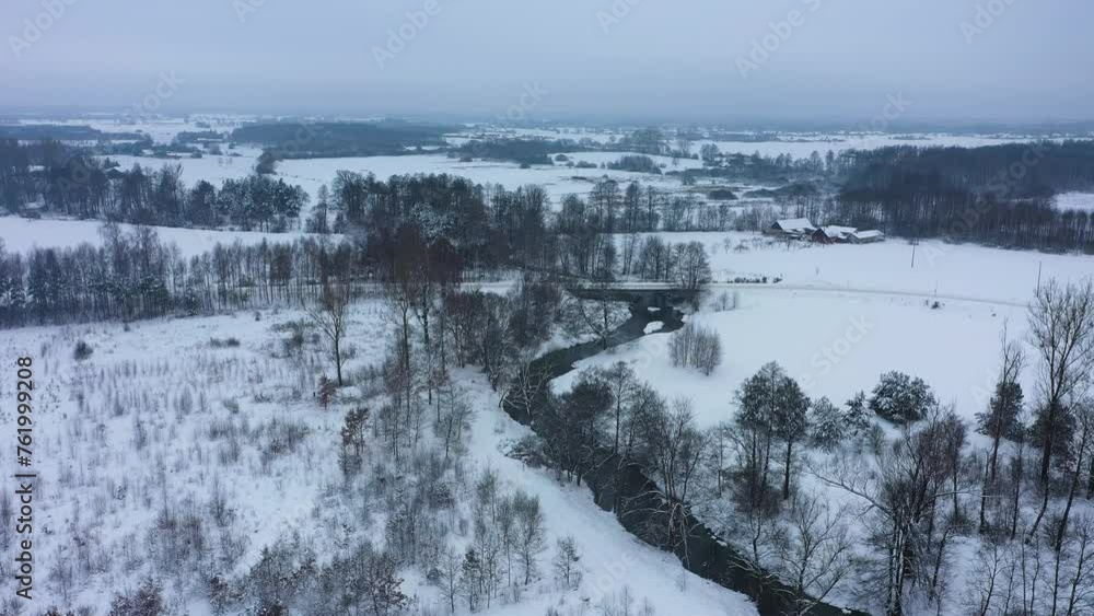 Beautiful River Winter Landscape Skorkowice Aerial View Poland Beautiful River Winter Landscape Skorkowice Aerial View Poland