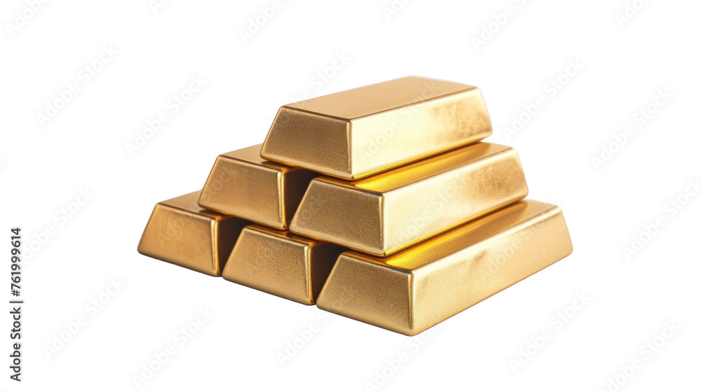 Polished gold bars neatly stacked on transparent background.