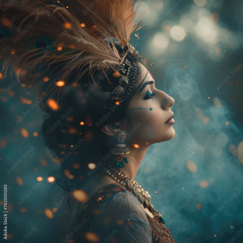 Obraz premium A woman with intricate makeup and an elaborate headdress. Fictional character created by Generated AI. 