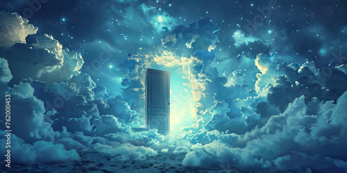 A open door pierces through the sky, surrounded by a sea of fluffy white clouds. The door stands prominently against the backdrop of the heavens