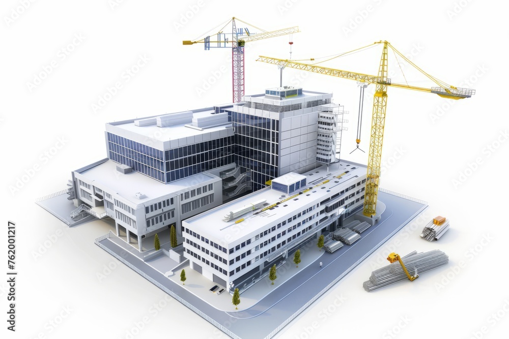 3D Render of hospital expansion project, with new wings, construction cranes, and building materials, on isolated white background, Generative AI 3D Render of hospital expansion project, with new wings, construction cranes, and building materials, on isolated white background, Generative AI