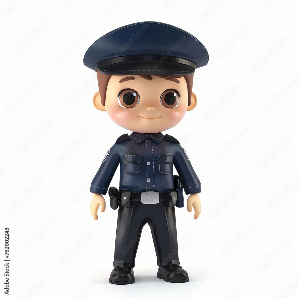 3D illustration of a friendly cartoon police officer character, isolated on white background, ideal for childhood safety education materials or community service concepts 3D illustration of a friendly cartoon police officer character, isolated on white background, ideal for childhood safety education materials or community service concepts