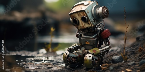 sad broken cute little robot on junk yard