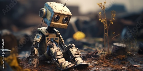 sad broken cute little robot on junk yard