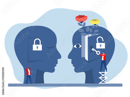 Big head human think unlock think  mind through a book growth mindset different think lockfixed mindset concept vector