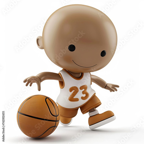 3D animated character in a basketball jersey with the number 23 dribbling a basketball, isolated on a white background with ample space for text Perfect for sports themes and children's materials photo