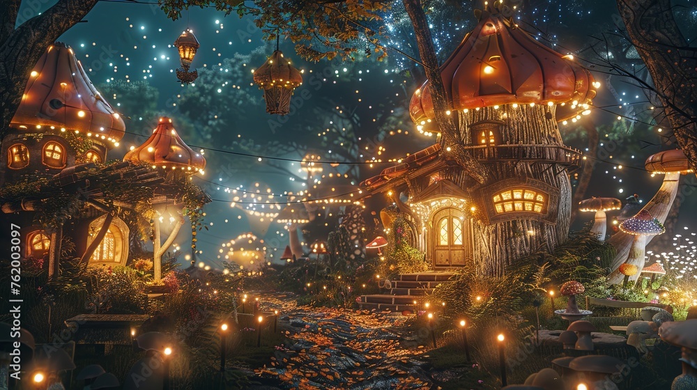 Enchanted Treehouse Village at Twilight Magical treehouse village glowing with warm lights, adorned with fairy lights under a starry sky, creating an enchanting fantasy atmosphere.

