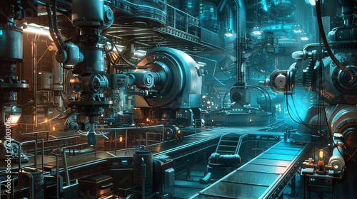 Digital rendering of a futuristic factory interior with high-tech machinery and robotic automation, highlighting advanced manufacturing technologies. Futuristic Industrial Factory Interior