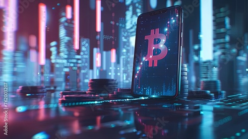 Futuristic visualization of cryptocurrency trading with a smartphone displaying Bitcoin symbol amidst glowing financial data in a digital cityscape. 