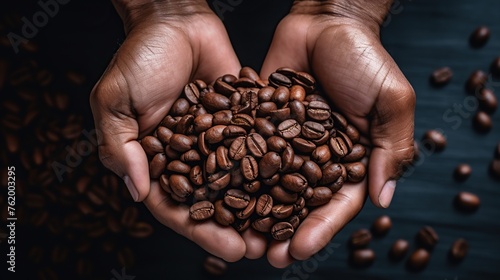 a hand holding roasted coffee beans