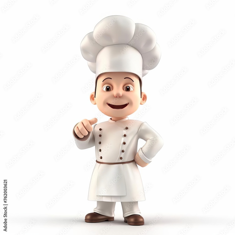 3D illustration of a cheerful cartoon chef in traditional white uniform and toque, gesturing invitingly, with ample copy space, ideal for culinary themes or advertising 3D illustration of a cheerful cartoon chef in traditional white uniform and toque, gesturing invitingly, with ample copy space, ideal for culinary themes or advertising