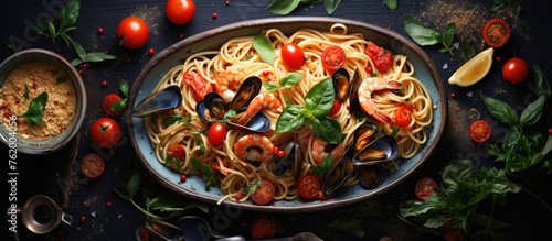 Pasta and shrimp with basil and tomatoes on dark background