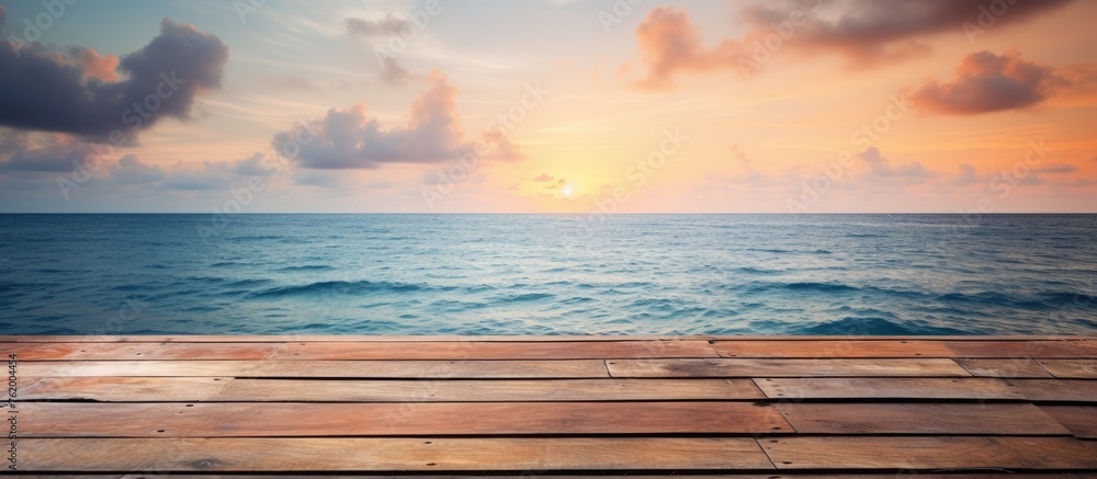 Wooden planks placed on sandy beach with sun setting in the horizon - obrazy, fototapety, plakaty 