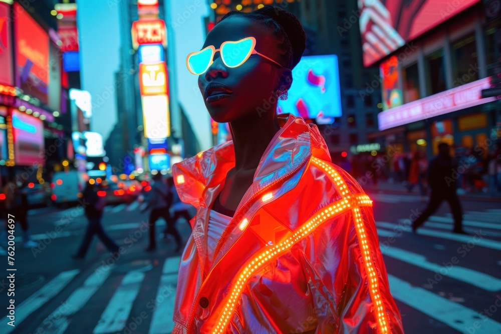 Model in neon-lit outfit posing in the vibrant evening lights of Times Square.