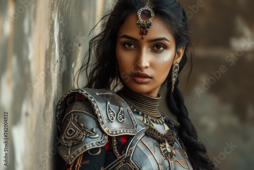 Dark-haired woman with metal armor and jewelry. Fictional character created by Generated AI. 