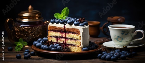 Delicious cake with fresh blueberries and aromatic coffee