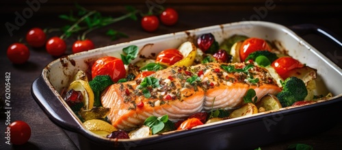 Salmon and vegetables bake with tomatoes