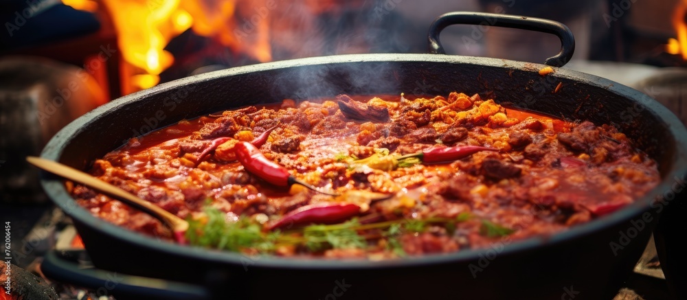 Large pot with chili and peppers on stove Large pot with chili and peppers on stove
