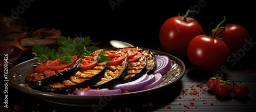 Several vegetables on a plate with tomatoes and a spoon