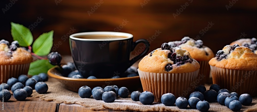Fototapeta premium Cozy Coffee Break with Delicious Muffins on Rustic Wooden Table