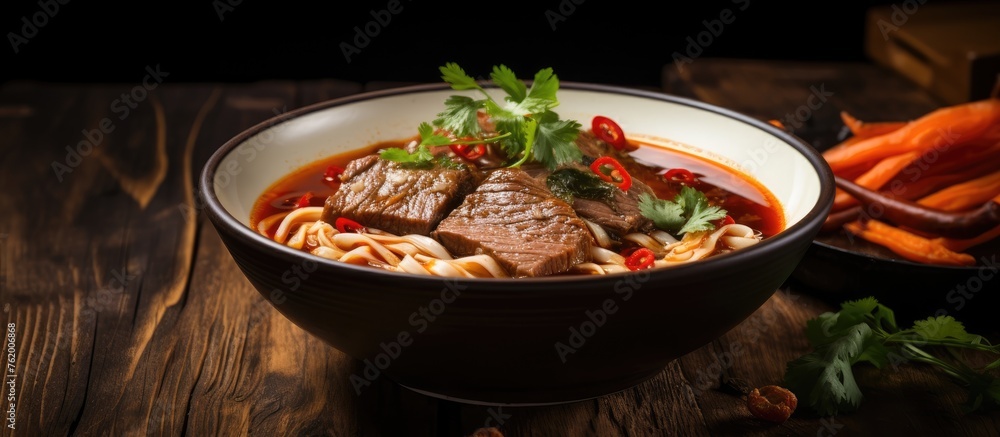 Savory Beef and Noodle Bowl with Fresh Carrots, Delicious Asian Cuisine Concept Savory Beef and Noodle Bowl with Fresh Carrots, Delicious Asian Cuisine Concept