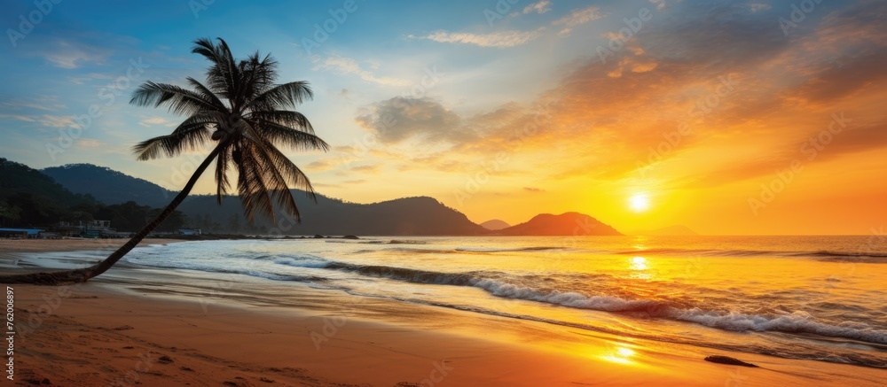 Serenity on the Horizon: Stunning Sunset View of a Tropical Beach with Majestic Palm Tree