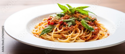 Delicious Spaghetti with Savory Tomato Sauce Served on Rustic Plate