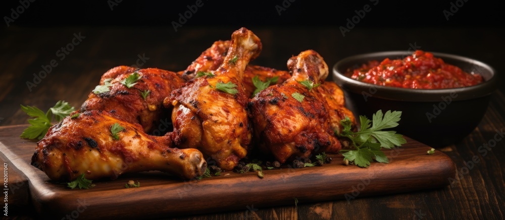 Chicken wings in sauce on wooden surface Chicken wings in sauce on wooden surface