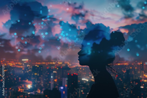 Silhouette of a woman's profile blended with a vibrant cityscape at night, under a dreamy, colorful sky.