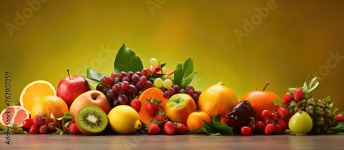 Assortment of fresh fruits and berries on wooden table