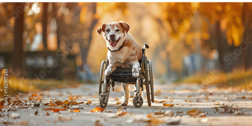 Close up of a dog in a wheelchair Helping injured dogs. Love to the animals, 
