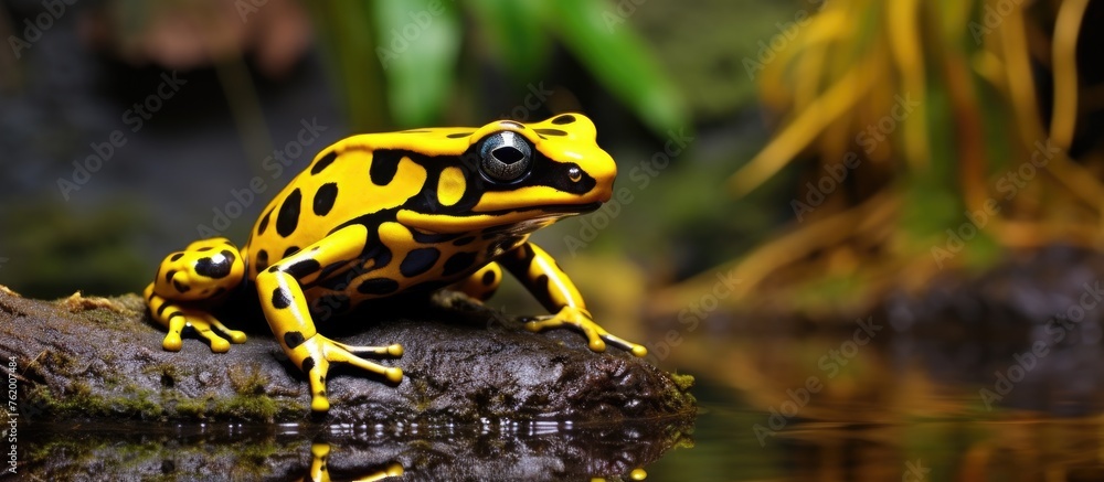 A yellow and black frog perched on a stony surface amidst water A yellow and black frog perched on a stony surface amidst water