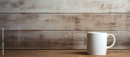 A close up of a white coffee cup on a wooden table