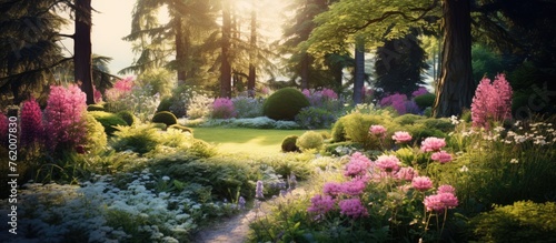 Serene Botanical Haven: Lush Gardens with Vibrant Flowers and Majestic Trees