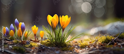 Three yellow and purple flowers growing in ground