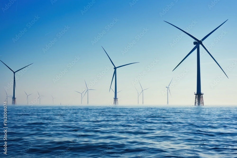 Offshore wind farm with multiple turbines rising from the sea against a clear blue sky in the daytime.