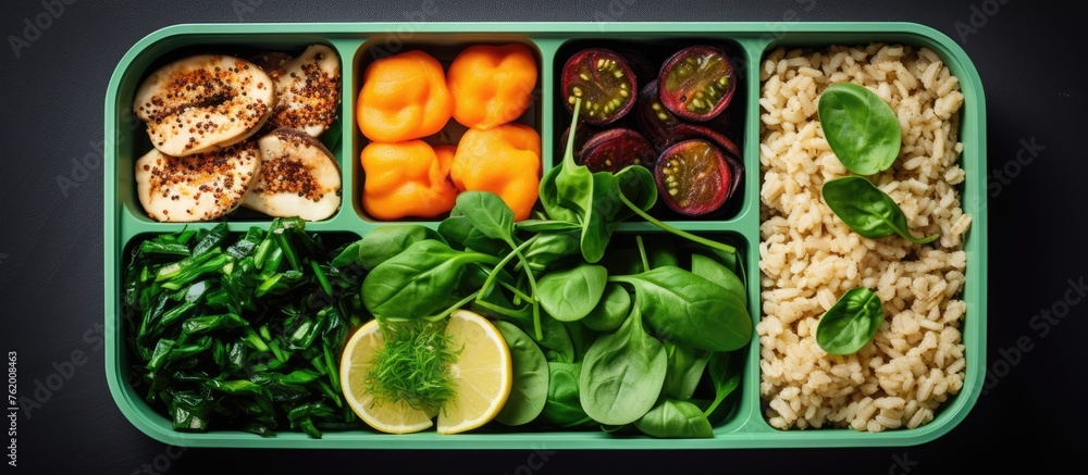 A tray with various vegetables including rice and carrots A tray with various vegetables including rice and carrots