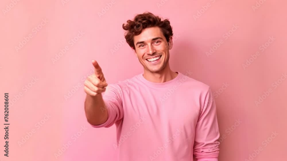 Man with life style, man pointing at blank space against light pink background, man smiling Man with life style, man pointing at blank space against light pink background, man smiling