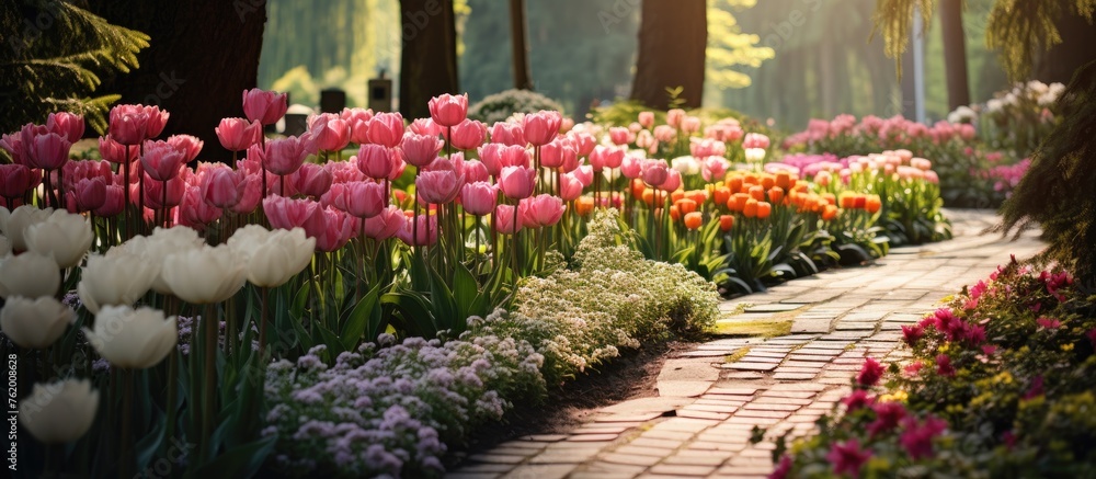 Lush garden with vibrant flowers and lush trees Lush garden with vibrant flowers and lush trees