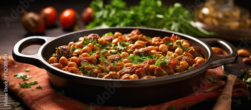 A close up of a pan of food with beans and meat