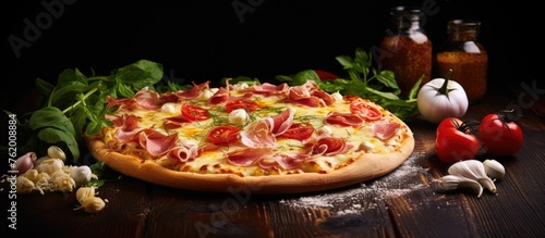 Ham and cheese pizza on blue background