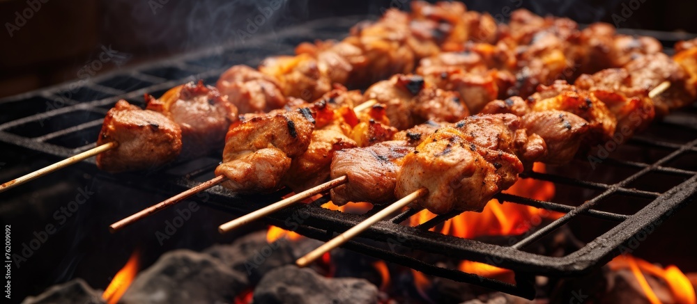 A barbecue grill cooking various meats